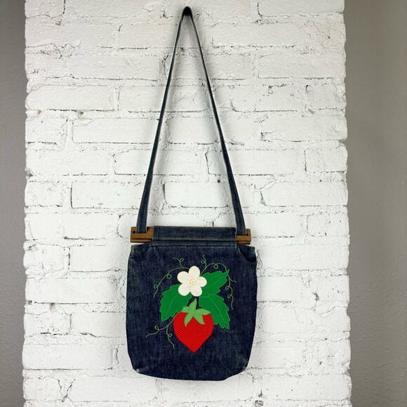 Vintage Handmade Strawberry Applique Denim Purse - Picture 1 of 7